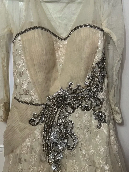 Embroidered Ivory Champagne Formal Gown - Picture 3 of 5
